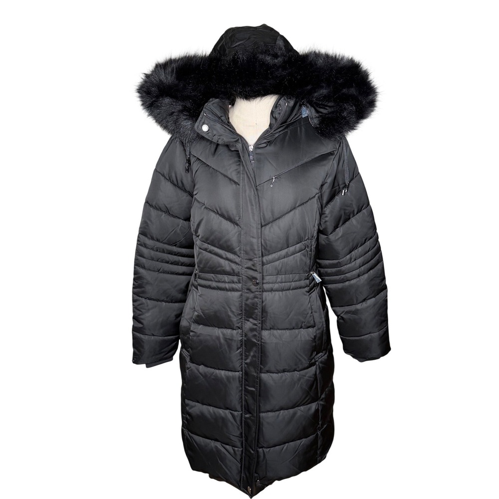 TED BAKER Samira Puffer Coat Black Faux Fur Hood Quilted TB Size 5 US Size 12